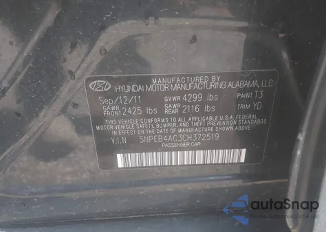 2012 Hyundai Sonata Gls z USA, uszkodzony, nr VIN 5NPEB4AC3CH372519